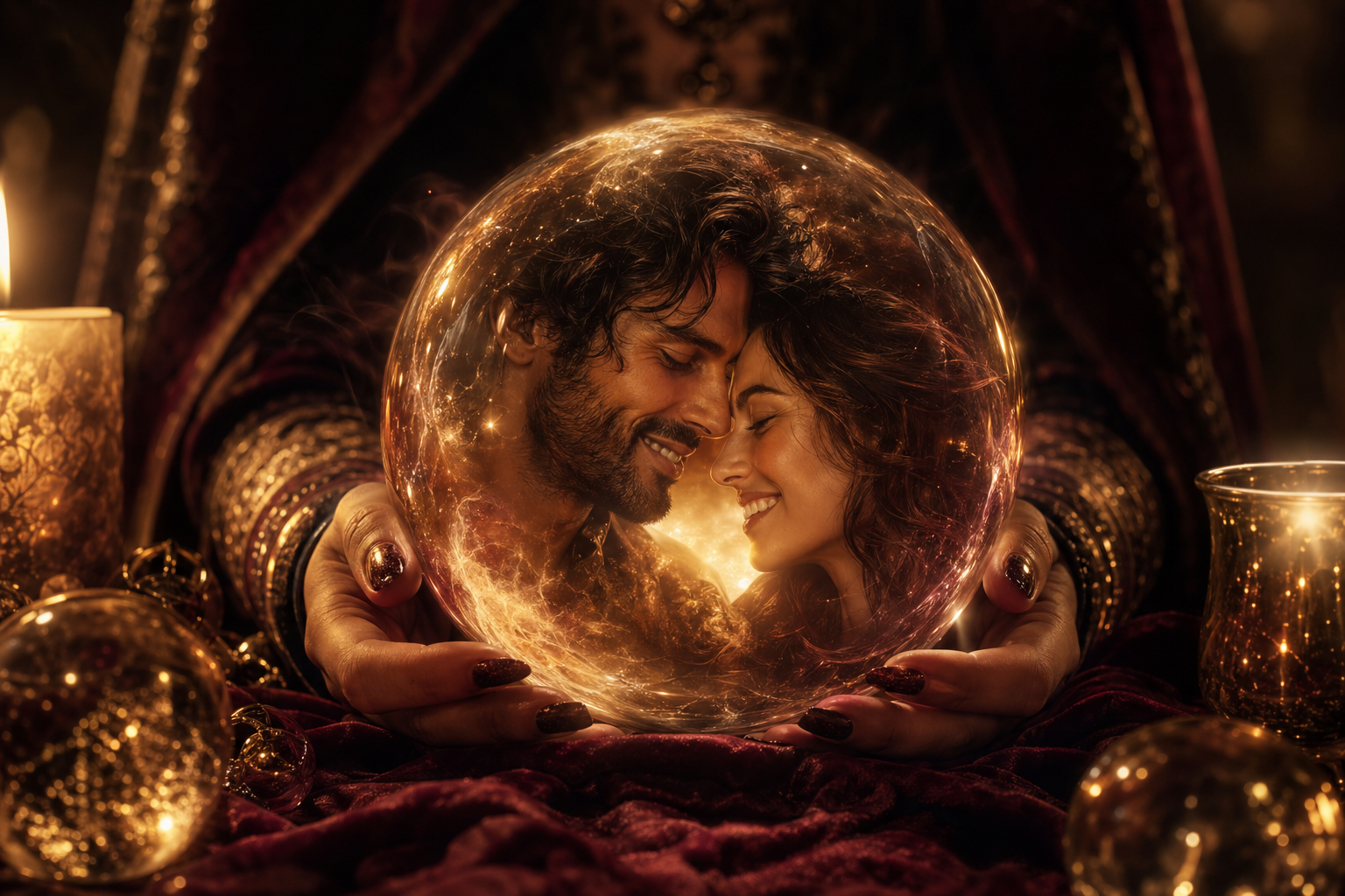 Couple's faces reflected in a crystal ball — love compatibility reading